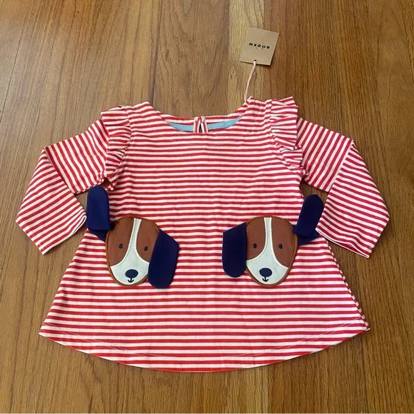 Mini Boden Ruffles Red Striped Long Sleeve Appliqué Dog Top